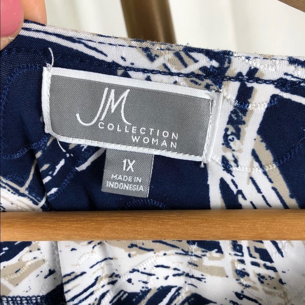 JM Collection Navy and White Circle Print Top Sz 1X (V1) - Picture 2 of 8